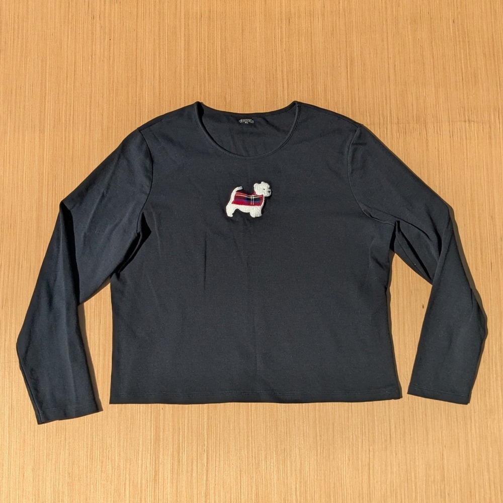 Casual Corner Annex Christmas Dog Embroidered Black Long Sleeve Top Women's XL